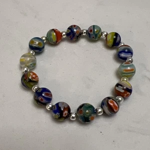 Vtg Murano Venetian Millefiori Multi Color Stretch Glass Bead Bracelet Sterling - Picture 1 of 8