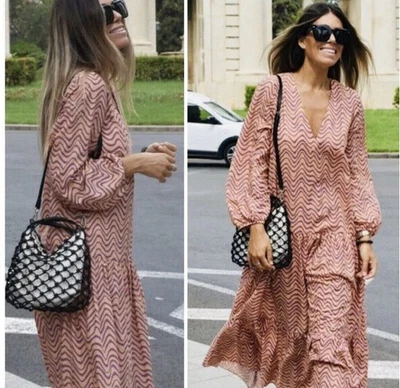 ZARA Salmon Tiered Ruffle Midi Shift Dress Oversized Sz XS Lightweight Cotton - Image 1 of 4