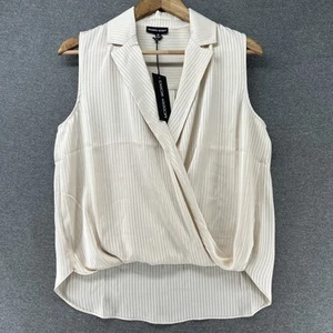 NWT Modern Works Blouse Womens Medium Sleeveless Beige Stripe Drape Front Career - Picture 1 of 13