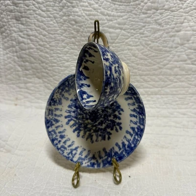 Juego de tazas y platillos de esponja vintage azul blanco estilo granja rústico Foto 1 de 4