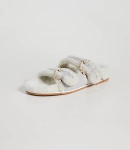 Stuart Weitzman Piper Chill Slide Sandal Perla White Suede Shearling 6 B - Picture 1 of 5