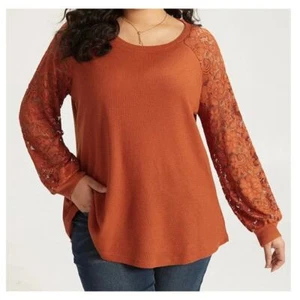 Bloomchic Blouse Womens 26 Rust Orange Waffle Knit Top Lace Floral Boho Romantic - Picture 1 of 16