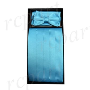 New 3pc Men solid Polyester Cummerbund_Bowtie & hankie Set Formal Turquoise blue - Picture 1 of 5