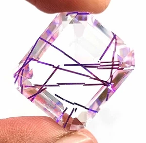 PURPLE RUTILATED QUARTZ 52 CT EMERALD CUT LAB CREATED LOOSE TRANSPARENT GEMSTONE - Picture 1 of 7