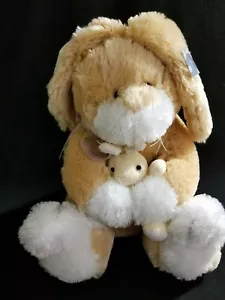 16" Brown & White Plush Stuffed Easter Decoration Bunny Rabbit Holding Baby Tags - Picture 1 of 7