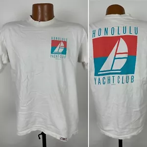 T-shirt vintage anni 80 Crazy Shirts Honolulu Yacht Club L bianca cotone hawaiano USA - Foto 1 di 17