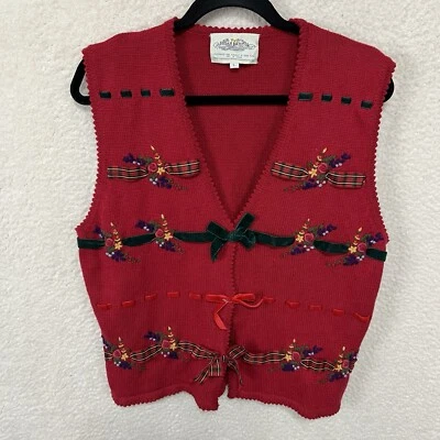 VTG Susan Bristol Sweater Vest Women’s L Red Embroidered Floral Bows Holiday - Image 1 of 4