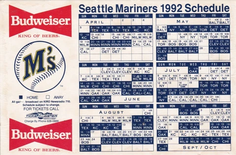 Seattle Mariners Baseball MLB 1992 Season Schedule Fridge Refrigerator Magnet Cover