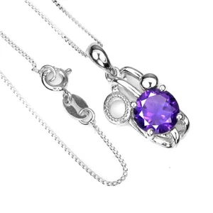 925 Sterling Silver Necklace Round Amethyst 8mm Gemstone Jewelry - Picture 1 of 10