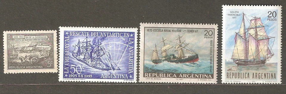 Argentina:  set 4 mint stamps, Sailing ships, 1939-67, Mi#480-612-639-978, MNH - Image 1 of 1