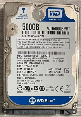 Hard Disk Western Digital 500GB SATA 2.5" WD5000BPVT usato, in ottime condizioni - Immagine 1 di 2