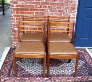 Set of 4 Mid Century Teak Dining Chairs | Brown Vinyl Upholstered Seats - Picture 1 of 5