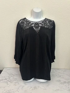 Torrid Women Long Peasant Sleeve Blouse Size 1X Crochet Pullover Black Top J - Picture 1 of 5