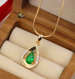 Teardrop Green Pendant with Sparkling Accents in Gold Finish, XPPT1689 - Picture 1 of 12