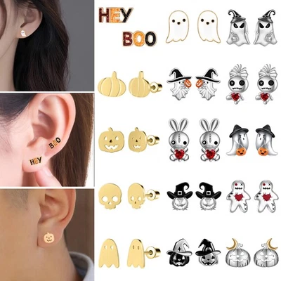 1 Par de Pendientes Piercing de Calabaza Fantasma Punk Acero Inoxidable Halloween Foto 1 de 4