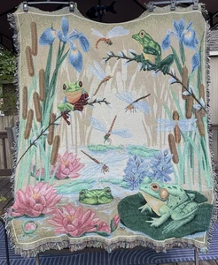 Manta tapiz tejida estanque rana de colección flecos libélulas colas de gato lirios casa de campo - Imagen 1 de 8