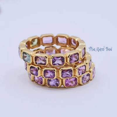18k Solid Yellow Gold Rectangular Emerald Cut Multi Sapphire Eternity Ring SIZE7 - Image 1 of 4