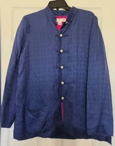 Vintage - Marineblau Jacquard Seide Asiatisch Knebel Jacke Echt Kleidung Saks Fifth XL - Bild 1 von 5