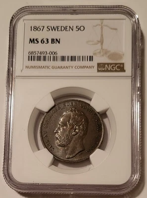 Sweden Carl XV 1867 5 Ore MS63 BN NGC - Image 1 of 4