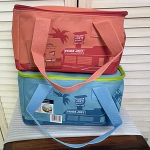 Trader Joe's Set 2 Mini Insulated Bag Peach Blue Tote Bundle Travel Cooler NEW - Picture 1 of 8