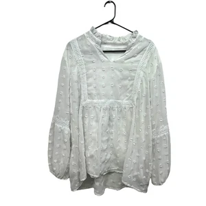 White Swiss Dot Blouse 2XL Sheer Ruffle Neck Lace Trim Romantic Cottagecore - Picture 1 of 5