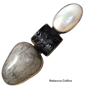 REBECCA COLLINS Large Sterling Silver Rutiled Quartz Tourmaline Pearl Brooch - Picture 1 of 7