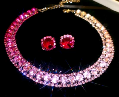 Pink Ombre RHINESTONE Choker Betsey Johnson Gold Statement Necklace Earrings SET - Image 1 of 4