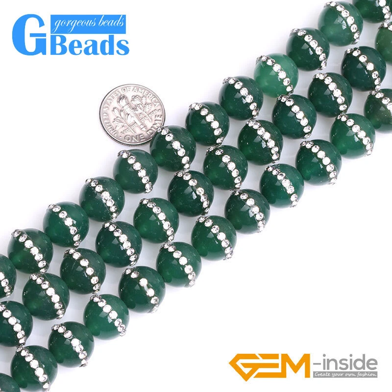 Cuentas redondas con incrustaciones de diamantes de imitación pavimentados de cristal de ágata verde para hacer joyas de 15" Foto 1 de 4
