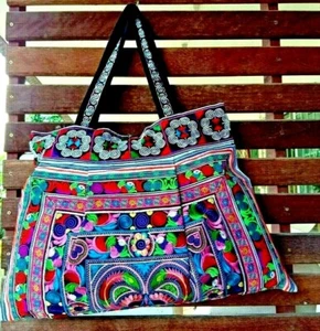 Große Handtasche handgefertigte thailändische Hmong Blumenmuster bestickte Tragetasche böhmische Schultertasche - Bild 1 von 12