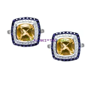 Natürlicher Citrin & CZ Edelsteine mit 925 Sterling Silber Manschettenknöpfen #9009 - Bild 1 von 3