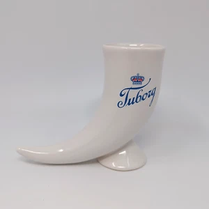 Tazza birra vintage Tuborg a forma di corno in ceramica bianca logo corona alto 5,5" - Foto 1 di 4