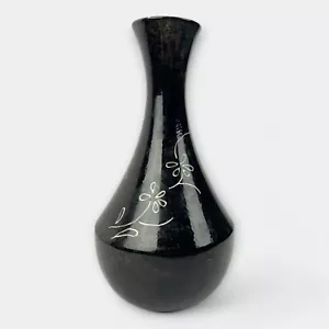 Vintage Keramik Knospenvase schwarz floral graviert Design geschnitzt signiert Studioton - Bild 1 von 6