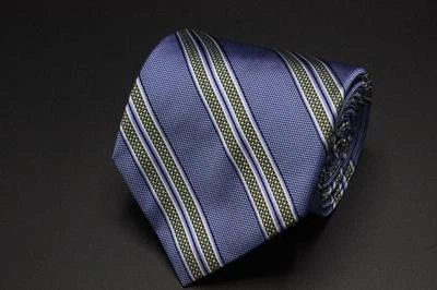 Шелковый галстук TOM JAMES. Синий с зелеными желтыми и белыми полосками. - Изображение 1 из 4