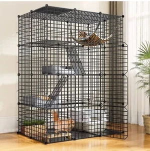 Large Cat Cage Enclosure Metal Wire 4-Tier Kennel DIY Playpen Catio with Hammock - Picture 1 of 4
