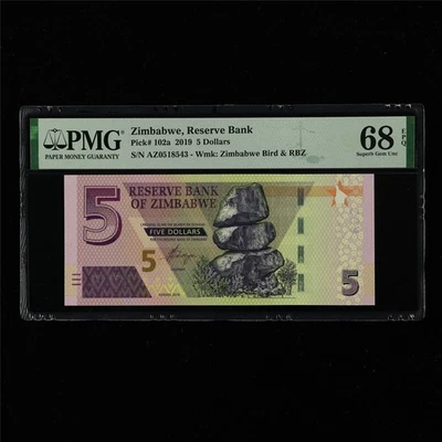 2019 Zimbabwe Reserve Bank 5 Dollars Pick#102a PMG 68 EPQ Superb Gem UNC - Image 1 of 4