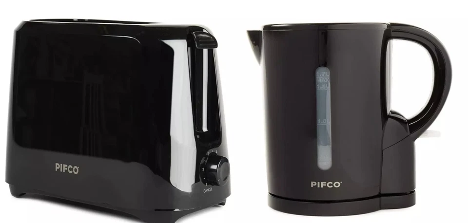 BLACK 2 SLICE TOASTER DUAL CONTROL & BLACK 1.7 LITRE KETTLE CORDLESS JUG SET - Image 1 of 1