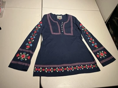 Camisa Alp N Rock Para Mujer 3 Pintuck Henley Azul Floral 1/4 Botón Top Y2K De Colección Foto 1 de 4