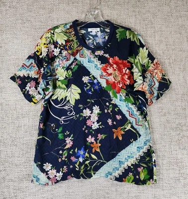 Camiseta Top Johnny Was Seda Floral Para Mujer XS Azul Marino Multicolor Manga Corta Foto 1 de 4