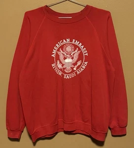 Vintage 80s American Embassy Saudi Arabia Sweatshirt Crewneck Red - Mens XL - Picture 1 of 3