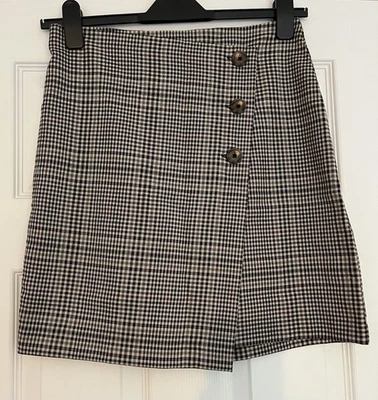 Warehouse A Line Mini Skirt Brown Check Mock Wrap Design Size 10 BNWT - Image 1 of 4