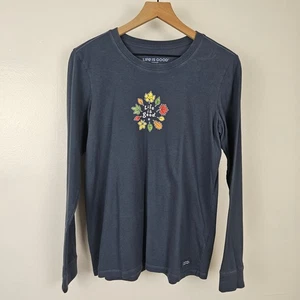 Life Is Good Long Sleeve Crusher Tee Women Sz M Navy Bloue Fall Leaf Leaves Top - Picture 1 of 7