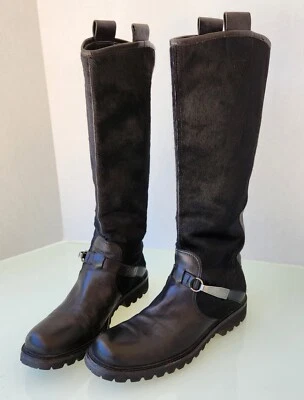 Sergio Rossi Flat Black Leather and Cowhide Tall Pull On Women's Boots 8 1/2 - Image 1 of 4