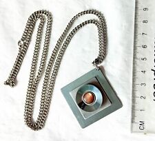 Stainless Steel & Brown Glass Vintage Modernist Long Pendant Necklace C28