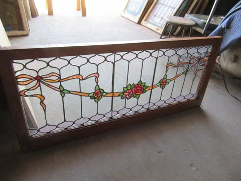 ~ ANTIQUE STAINED GLASS TRANSOM WINDOW ROSES ~ 54 x 23 ~ ARCHITECTURAL SALVAGE Cover