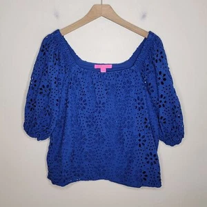 Lilly Pulitzer | Kerrigan Blue Puff Elbow Sleeve Eyelet Top Size Large - Picture 1 of 7