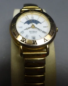 Vintage Benrus Moon Phase Dial Watch Date Ladies Qtz Elastic Bracelet Roman - Picture 1 of 6