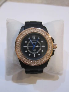 Brand New Womens Strada Black Silicone Band & Rhinestones Bezel Quartz Watch - Picture 1 of 5