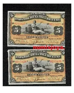 ESPAÑA COLONIAL BANCO ESPAÑOL PAREJA CORRELATIVA de 5 Pesos 1896 SIN CIRCULAR. - Imagen 1 de 2