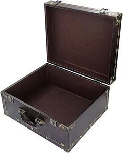 Large Wooden Decorative Storage Trunk - Wood Leather Treasure Chest Box Vintage - Picture 1 of 7