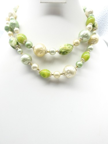 OFF WHITE Collana doppio filo vetro artistico perle finte barocche bianco sporco verde vintage